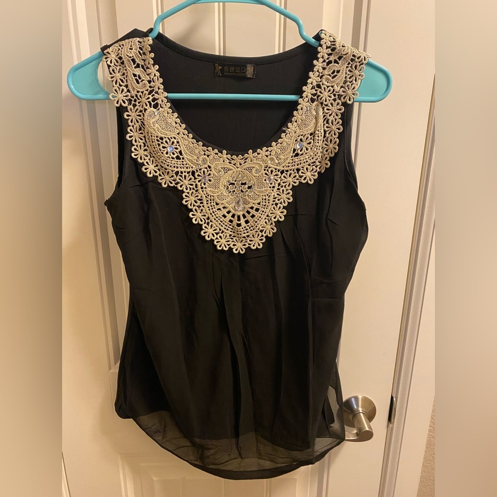 Fashion Classic Top M Black Blouse Cream Lace Bling Sleeveless Top Shirt Medium